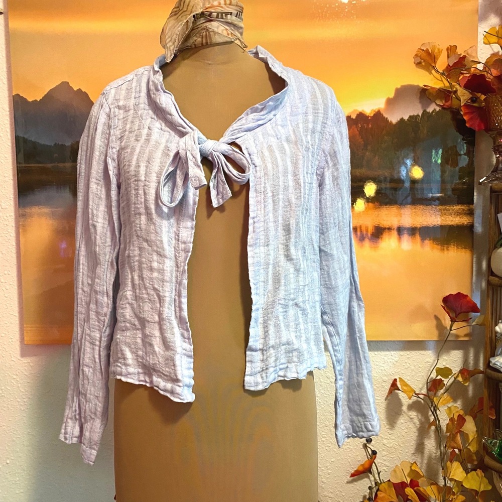 FLAX Linen Tie Front Cardigan Lagenlook Boho Women P Light Blue Long Sleeve Top